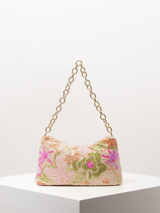 Shiny Colorful Sequin Shoulder Bag, Floral Bag, Metal Chain Women's Handbag, Sequin Bag, Bridal Party, Prom Bag, Prom Accessories