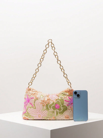 Shiny Colorful Sequin Shoulder Bag, Floral Bag, Metal Chain Women's Handbag, Sequin Bag, Bridal Party, Prom Bag, Prom Accessories