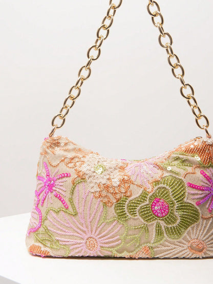 Shiny Colorful Sequin Shoulder Bag, Floral Bag, Metal Chain Women's Handbag, Sequin Bag, Bridal Party, Prom Bag, Prom Accessories