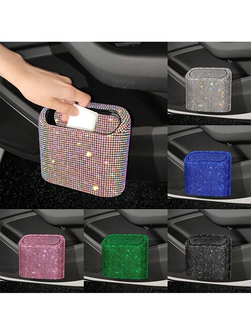 Shiny Pet Trash Can, Car Accessories Storage Box, Square Pressed Car Garbage Can With Shiny Diamonds Decor