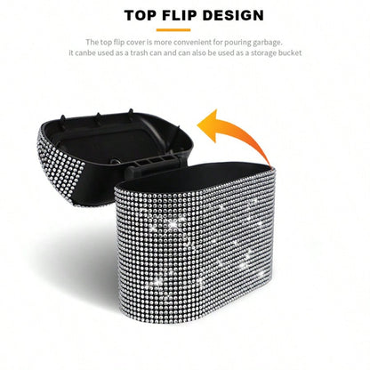 Shiny Pet Trash Can, Car Accessories Storage Box, Square Pressed Car Garbage Can With Shiny Diamonds Decor