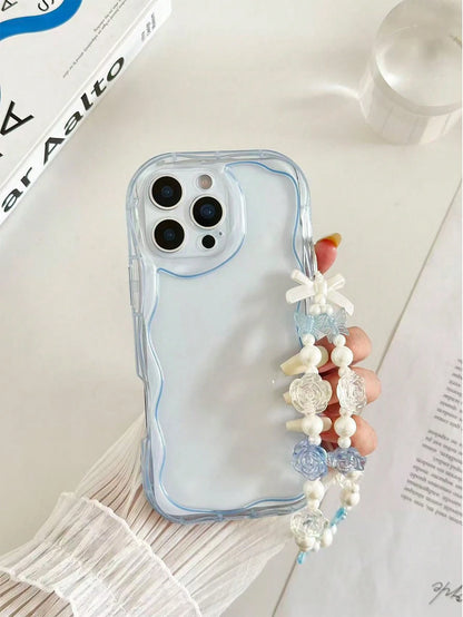 Shockproof Pearl Cream Textured Wavy Edge Solid Color Phone Case With Handmade Beaded Bracelet, Compatible With IPhone 17pro/17Air/17/17promax16/11/16pro/16plus/16promax/16e/15Promax/13/14/12/XS/XR/7G