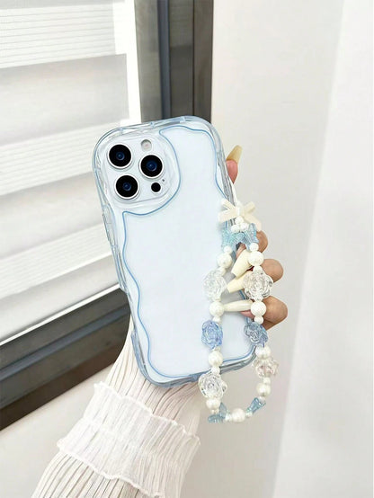 Shockproof Pearl Cream Textured Wavy Edge Solid Color Phone Case With Handmade Beaded Bracelet, Compatible With IPhone 17pro/17Air/17/17promax16/11/16pro/16plus/16promax/16e/15Promax/13/14/12/XS/XR/7G