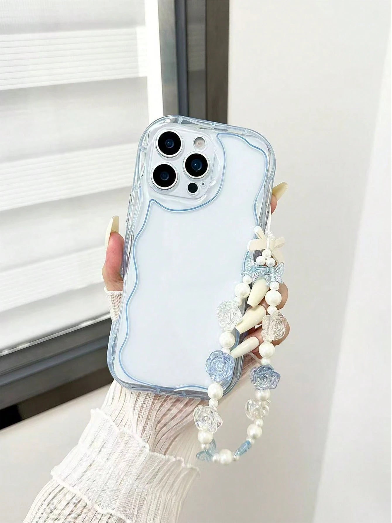 Shockproof Pearl Cream Textured Wavy Edge Solid Color Phone Case With Handmade Beaded Bracelet, Compatible With IPhone 17pro/17Air/17/17promax16/11/16pro/16plus/16promax/16e/15Promax/13/14/12/XS/XR/7G