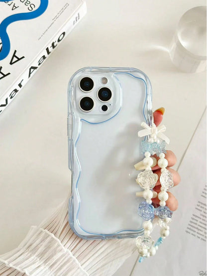 Shockproof Pearl Cream Textured Wavy Edge Solid Color Phone Case With Handmade Beaded Bracelet, Compatible With IPhone 17pro/17Air/17/17promax16/11/16pro/16plus/16promax/16e/15Promax/13/14/12/XS/XR/7G