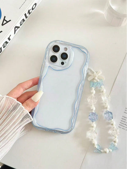Shockproof Pearl Cream Textured Wavy Edge Solid Color Phone Case With Handmade Beaded Bracelet, Compatible With IPhone 17pro/17Air/17/17promax16/11/16pro/16plus/16promax/16e/15Promax/13/14/12/XS/XR/7G