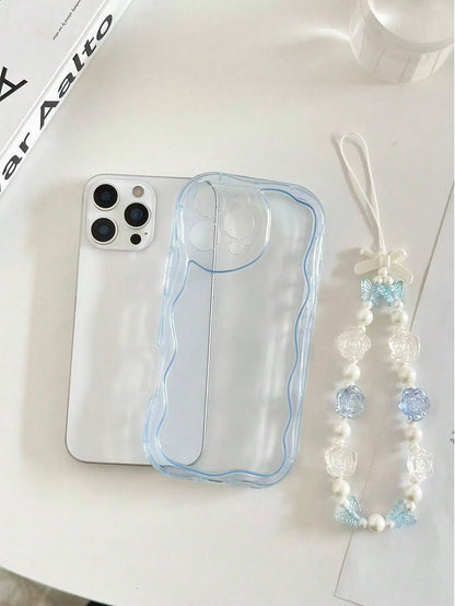 Shockproof Pearl Cream Textured Wavy Edge Solid Color Phone Case With Handmade Beaded Bracelet, Compatible With IPhone 17pro/17Air/17/17promax16/11/16pro/16plus/16promax/16e/15Promax/13/14/12/XS/XR/7G