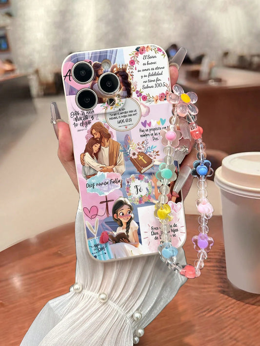 Shockproof Religious Mythological Character Fashion Phone Case 1pc Perforated Straight Edge Jesus Water Cup Colorful Painted Shockproof Phone Case With Handmade Beaded Bracelet, Compatible With IPhone