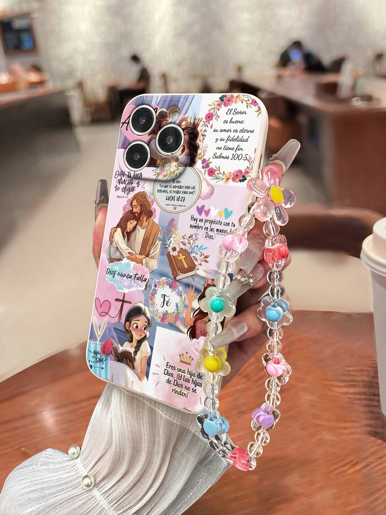 Shockproof Religious Mythological Character Fashion Phone Case 1pc Perforated Straight Edge Jesus Water Cup Colorful Painted Shockproof Phone Case With Handmade Beaded Bracelet, Compatible With IPhone