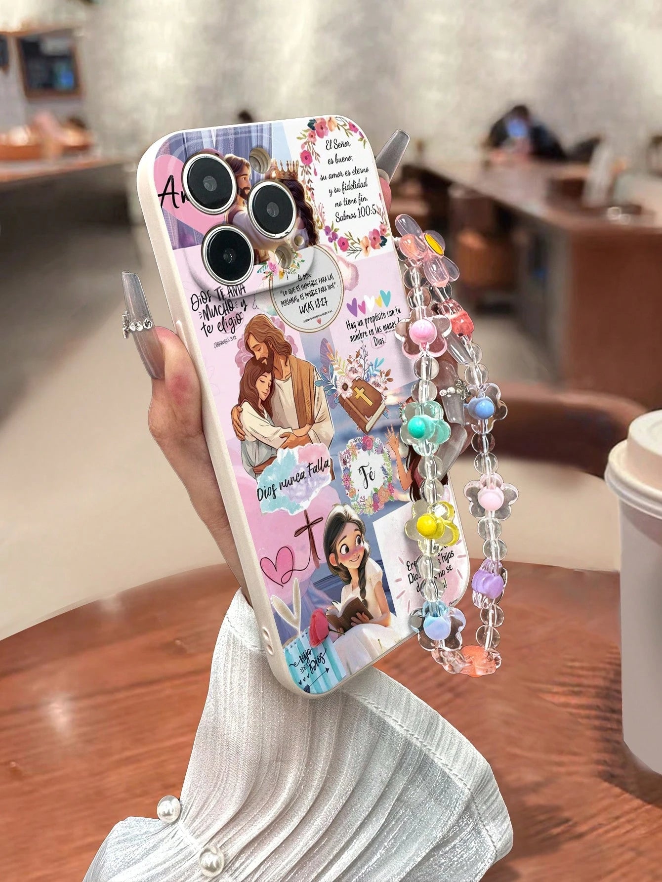 Shockproof Religious Mythological Character Fashion Phone Case 1pc Perforated Straight Edge Jesus Water Cup Colorful Painted Shockproof Phone Case With Handmade Beaded Bracelet, Compatible With IPhone