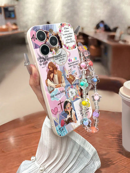 Shockproof Religious Mythological Character Fashion Phone Case 1pc Perforated Straight Edge Jesus Water Cup Colorful Painted Shockproof Phone Case With Handmade Beaded Bracelet, Compatible With IPhone