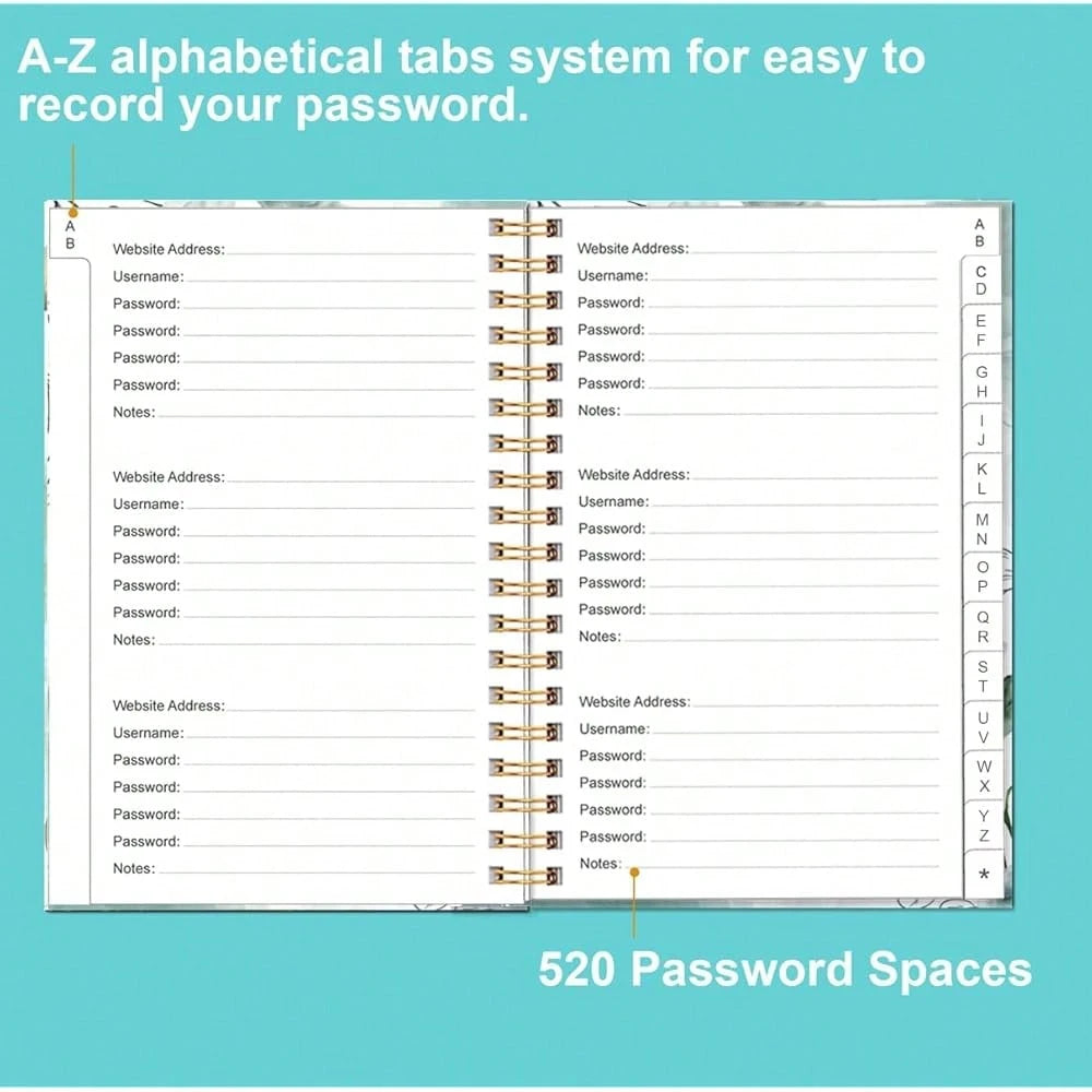 Simplified Password Book With Alphabetical Tabs- Small Pocket Size Password Keeper Journal Notebook For Computer & Website Logins, 4.5\ X 6.2\, Teal