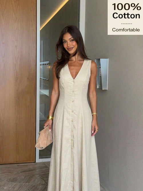 Siren Gaze 100% Cotton Women Summer Casual Solid Color Front Button Dress Holiday Y2k Festival Vacation Linen-Like Boho Western V-Neck Vintage Modest Elegance