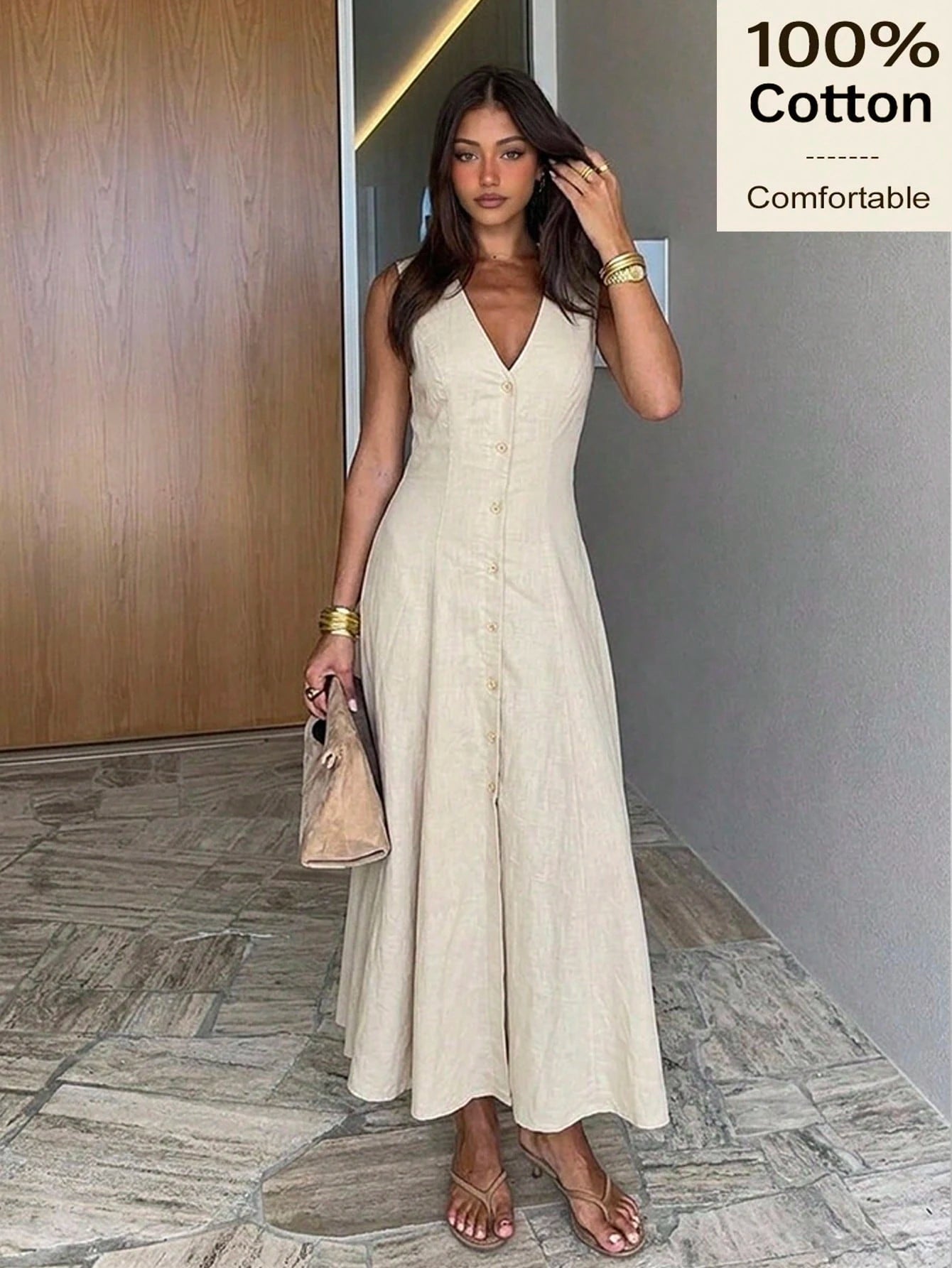 Siren Gaze 100% Cotton Women Summer Casual Solid Color Front Button Dress Holiday Y2k Festival Vacation Linen-Like Boho Western V-Neck Vintage Modest Elegance