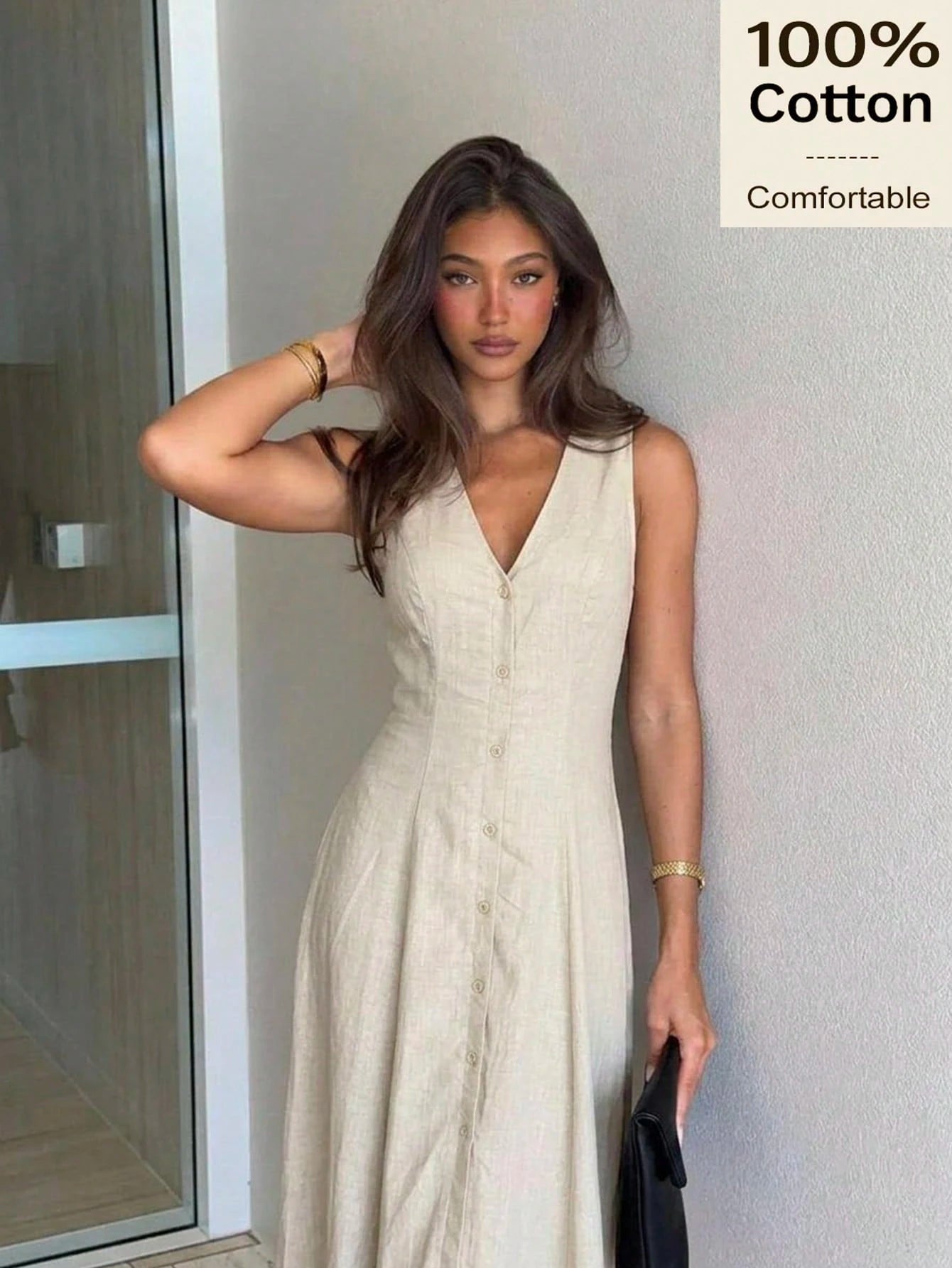Siren Gaze 100% Cotton Women Summer Casual Solid Color Front Button Dress Holiday Y2k Festival Vacation Linen-Like Boho Western V-Neck Vintage Modest Elegance