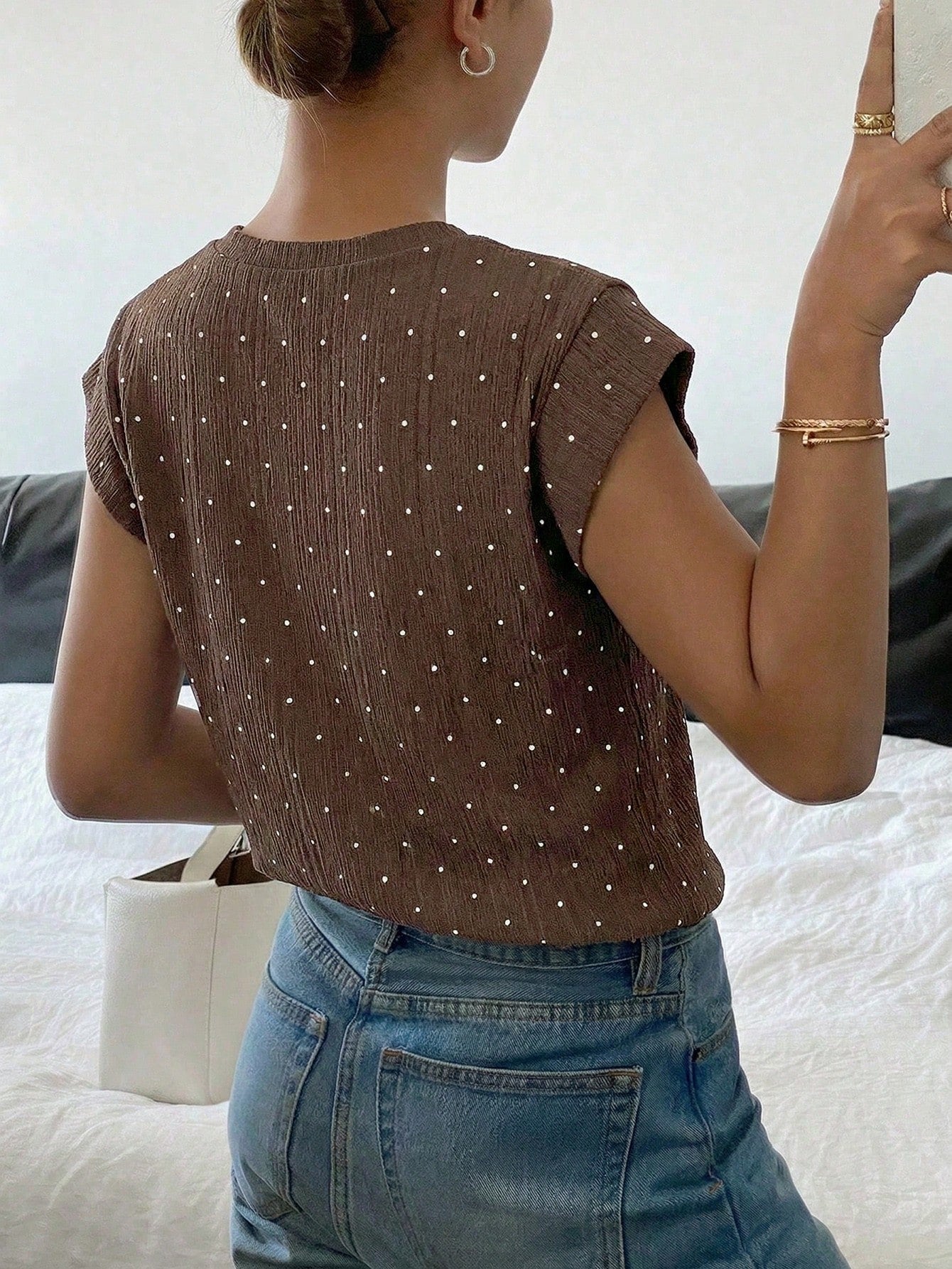 Siren Gaze 2026 Women's Casual Polka Dot Print T-Shirt, Women's Summer Casual Brown Polka Dot Top Elegant Crew Neck Cap Sleeve T-Shirt Top, Elegant Polka Dot Top For Women Summer Casual Textured Cap S