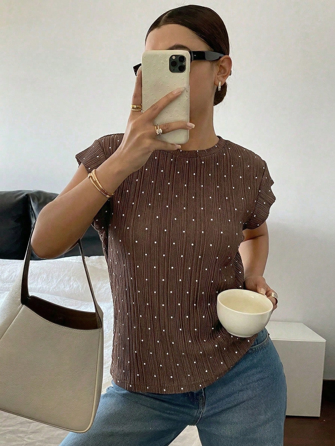 Siren Gaze 2026 Women's Casual Polka Dot Print T-Shirt, Women's Summer Casual Brown Polka Dot Top Elegant Crew Neck Cap Sleeve T-Shirt Top, Elegant Polka Dot Top For Women Summer Casual Textured Cap S