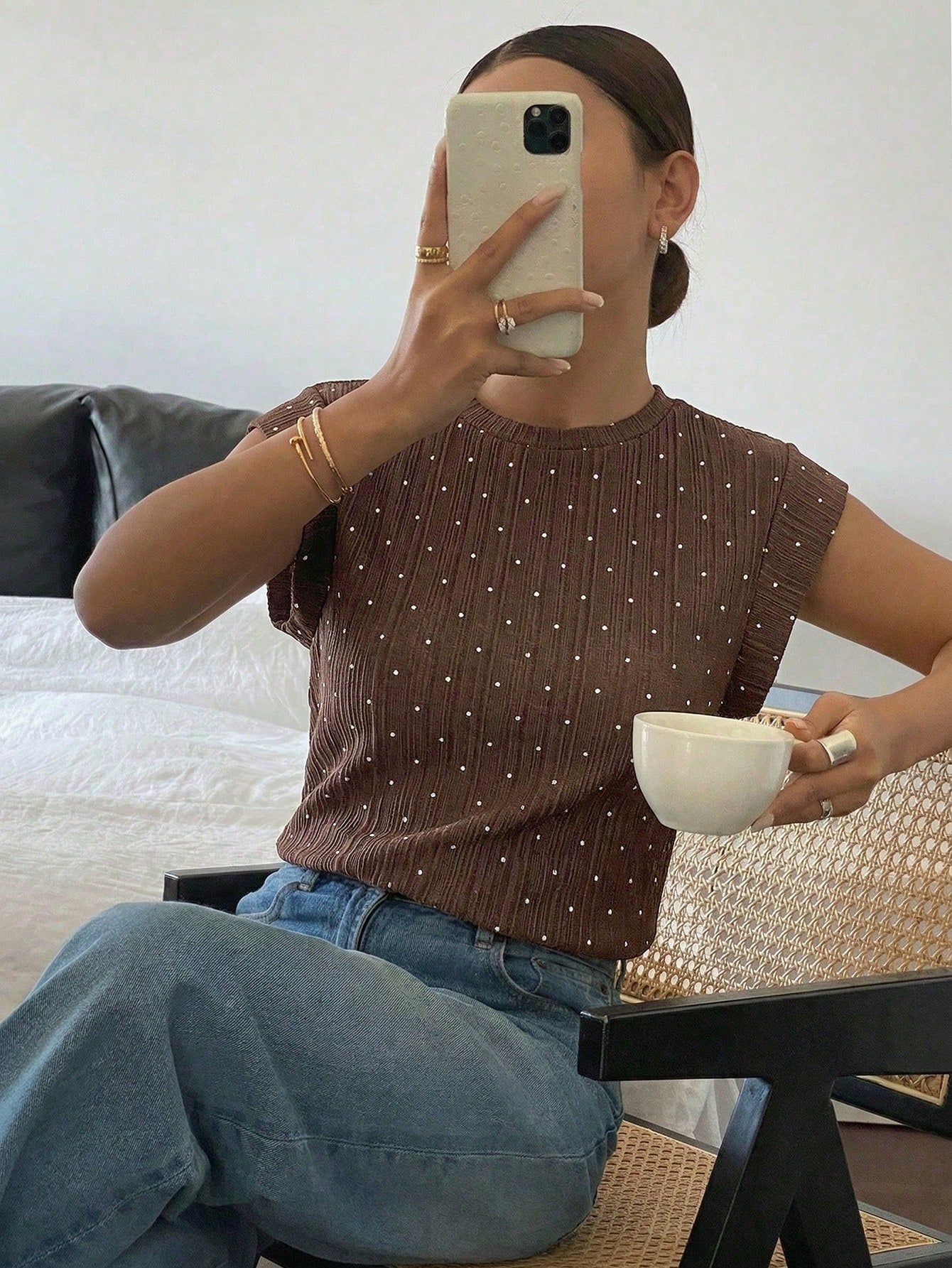 Siren Gaze 2026 Women's Casual Polka Dot Print T-Shirt, Women's Summer Casual Brown Polka Dot Top Elegant Crew Neck Cap Sleeve T-Shirt Top, Elegant Polka Dot Top For Women Summer Casual Textured Cap S