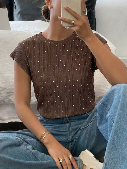 Siren Gaze 2026 Women's Casual Polka Dot Print T-Shirt, Women's Summer Casual Brown Polka Dot Top Elegant Crew Neck Cap Sleeve T-Shirt Top, Elegant Polka Dot Top For Women Summer Casual Textured Cap S