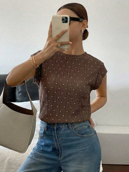 Siren Gaze 2026 Women's Casual Polka Dot Print T-Shirt, Women's Summer Casual Brown Polka Dot Top Elegant Crew Neck Cap Sleeve T-Shirt Top, Elegant Polka Dot Top For Women Summer Casual Textured Cap S