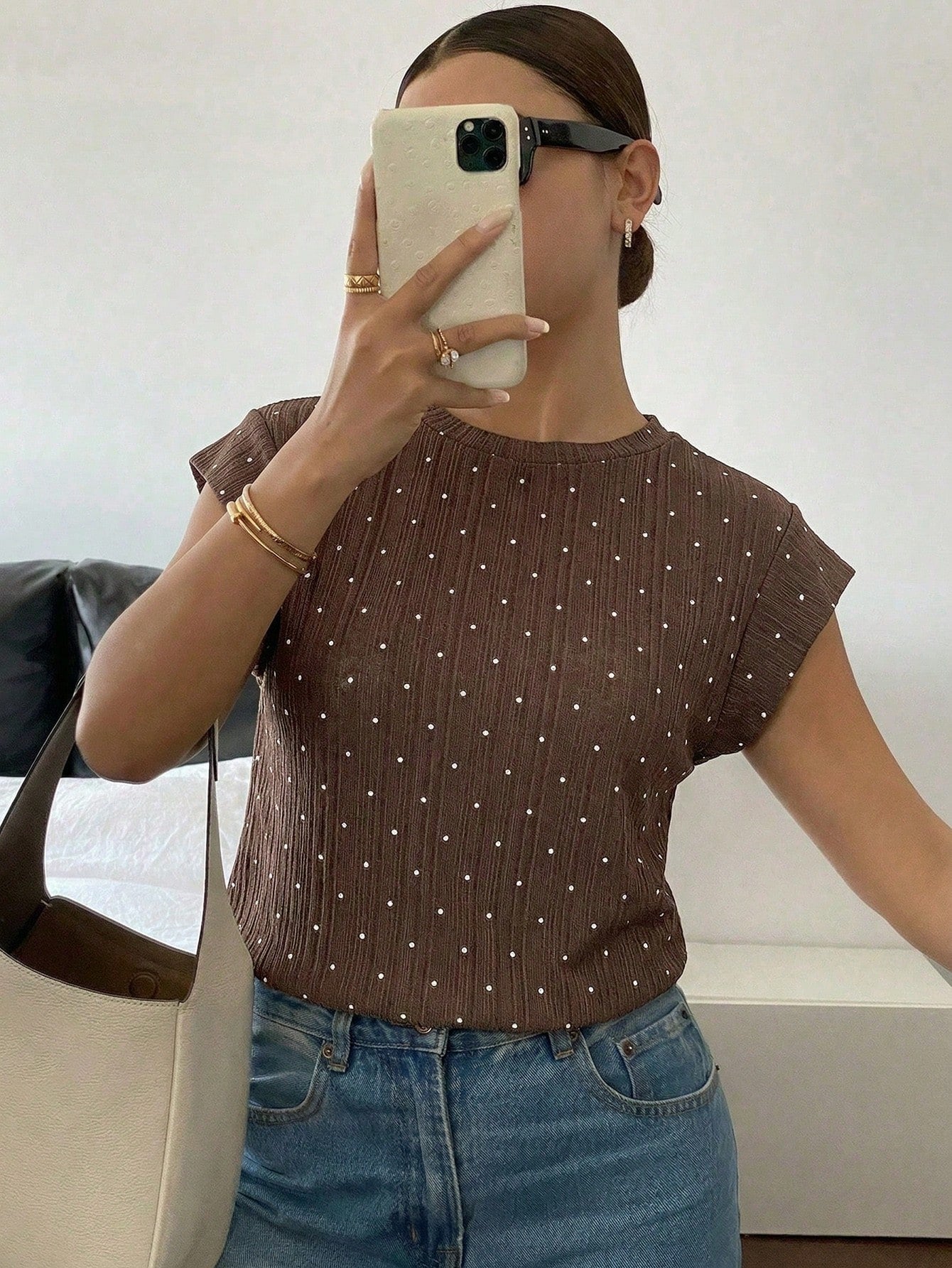 Siren Gaze 2026 Women's Casual Polka Dot Print T-Shirt, Women's Summer Casual Brown Polka Dot Top Elegant Crew Neck Cap Sleeve T-Shirt Top, Elegant Polka Dot Top For Women Summer Casual Textured Cap S