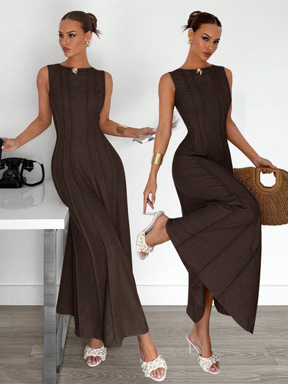 Siren Gaze Summer New Pleated Sleeveless A-Line Dress,Elegant Dresses For Women, Party Holiday Evening Brown Casual