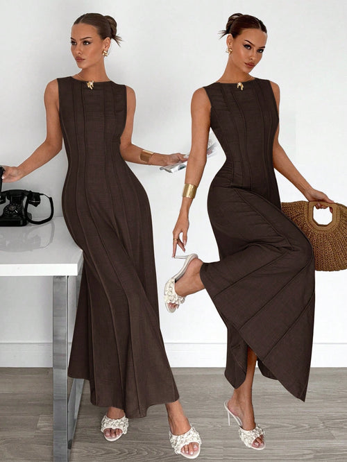 Siren Gaze Summer New Pleated Sleeveless A-Line Dress,Elegant Dresses For Women, Party Holiday Evening Brown Casual