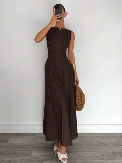 Siren Gaze Summer New Pleated Sleeveless A-Line Dress,Elegant Dresses For Women, Party Holiday Evening Brown Casual