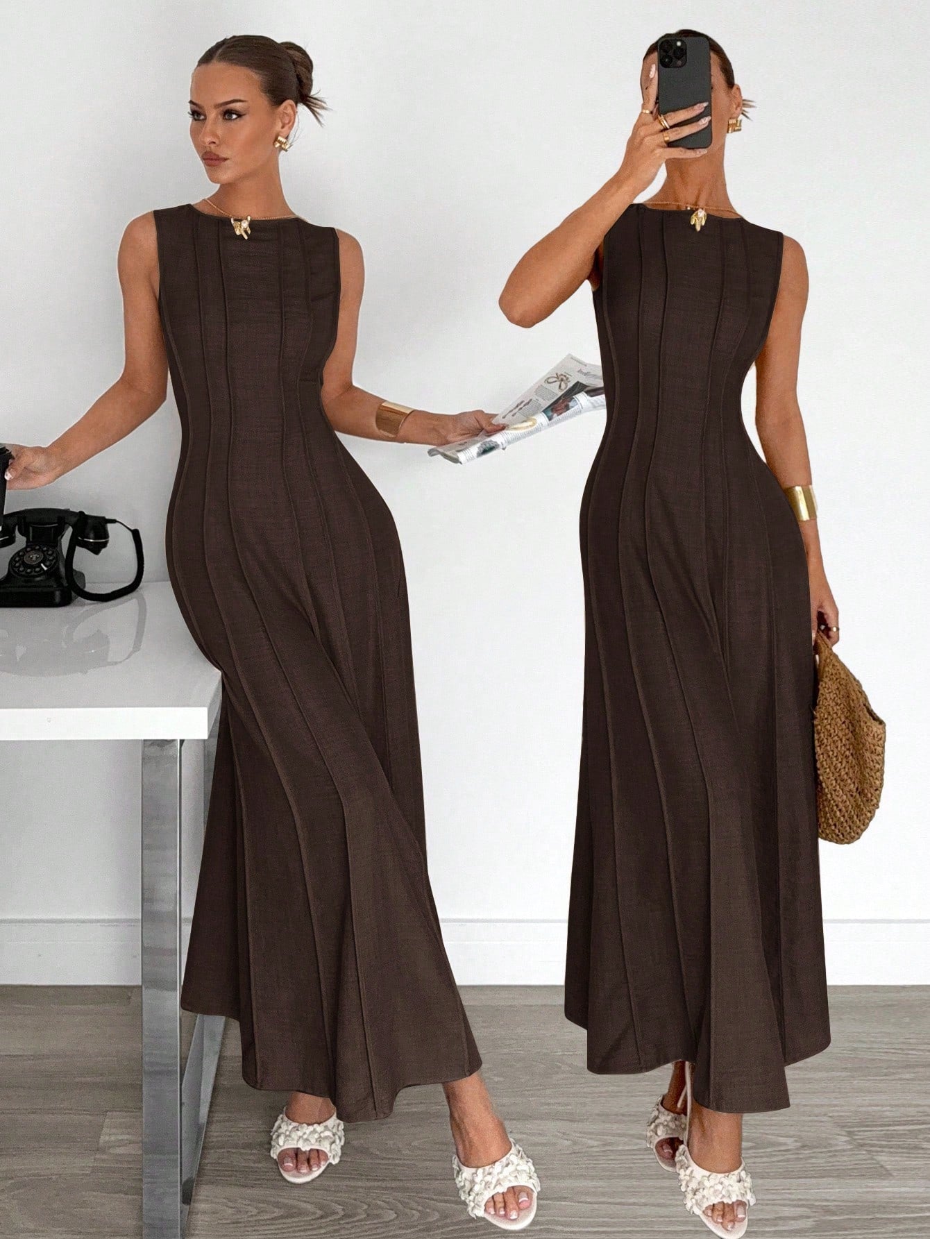 Siren Gaze Summer New Pleated Sleeveless A-Line Dress,Elegant Dresses For Women, Party Holiday Evening Brown Casual