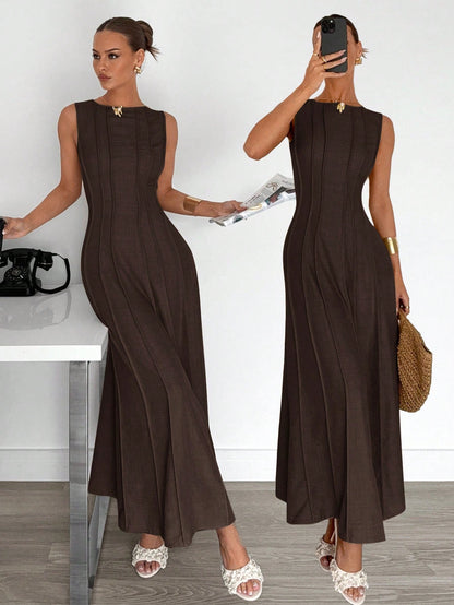 Siren Gaze Summer New Pleated Sleeveless A-Line Dress,Elegant Dresses For Women, Party Holiday Evening Brown Casual
