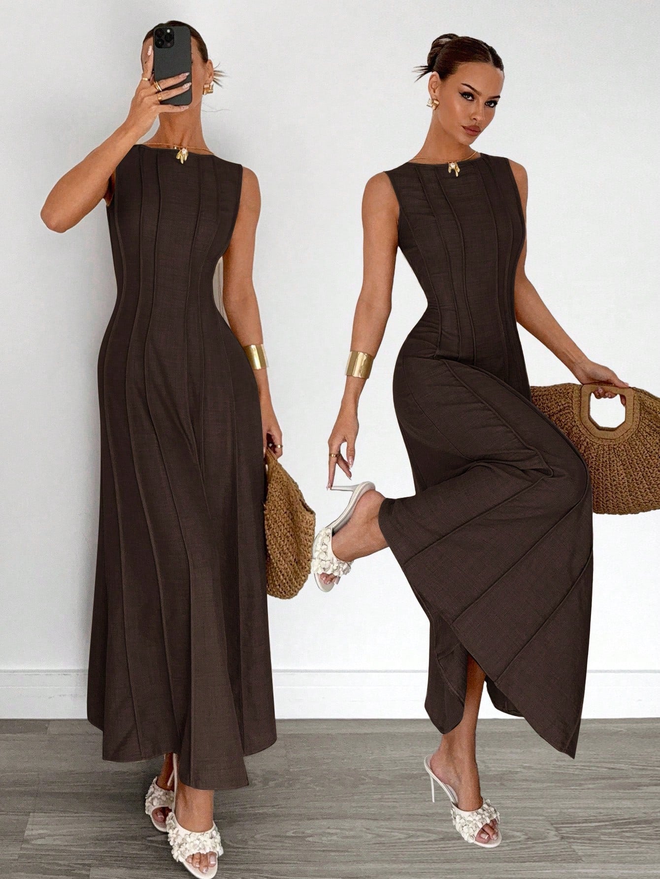 Siren Gaze Summer New Pleated Sleeveless A-Line Dress,Elegant Dresses For Women, Party Holiday Evening Brown Casual