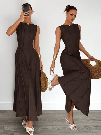 Siren Gaze Summer New Pleated Sleeveless A-Line Dress,Elegant Dresses For Women, Party Holiday Evening Brown Casual