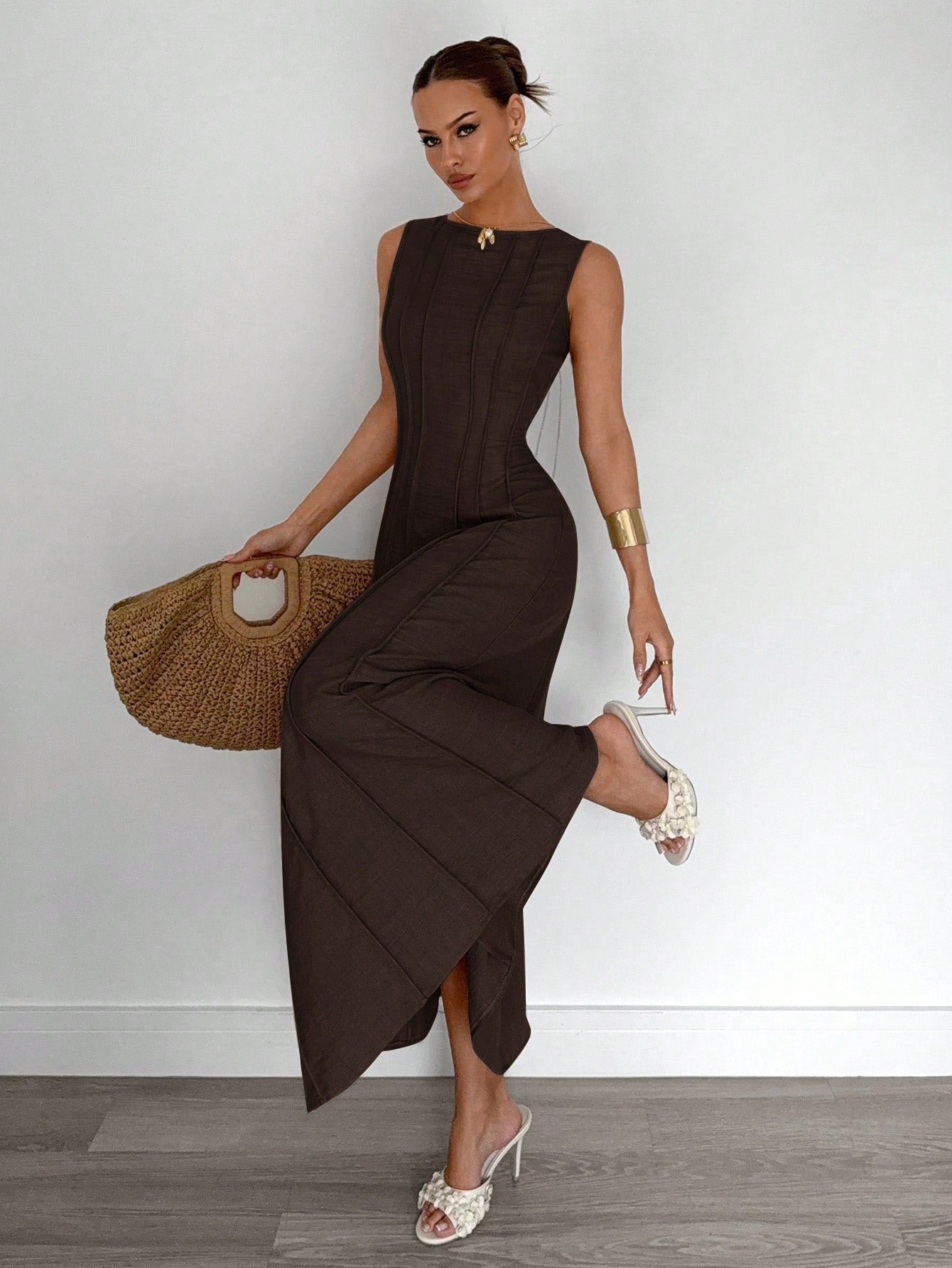 Siren Gaze Summer New Pleated Sleeveless A-Line Dress,Elegant Dresses For Women, Party Holiday Evening Brown Casual