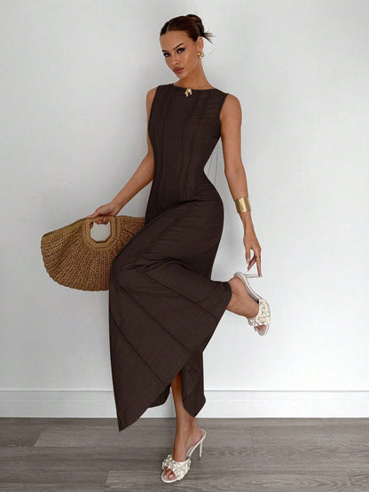 Siren Gaze Summer New Pleated Sleeveless A-Line Dress,Elegant Dresses For Women, Party Holiday Evening Brown Casual