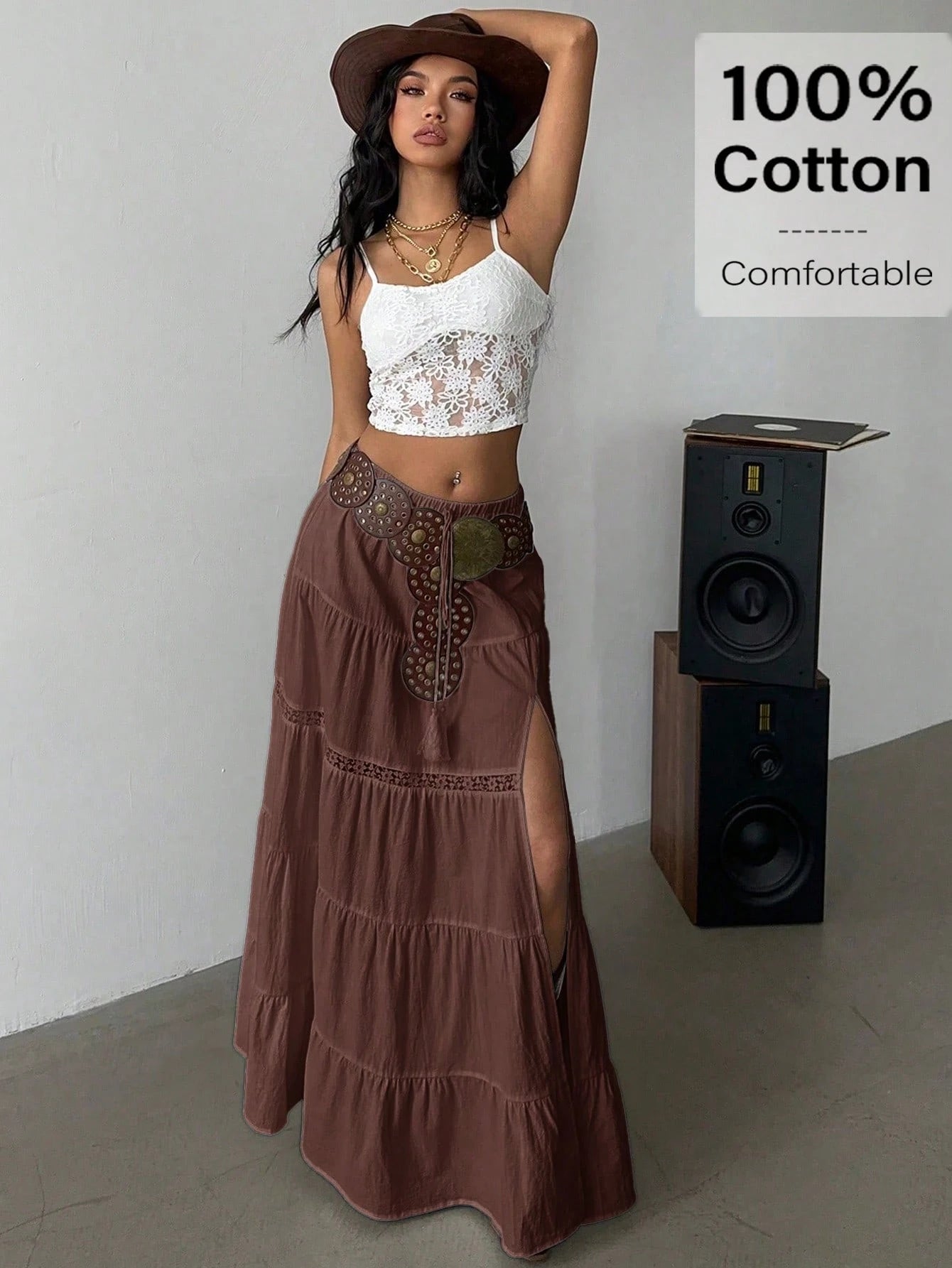 Siren Gaze Women's Brown Boho Summer Vacation Holiday Picnic Skirt,100% Cotton High-Slit Tiered Maxi Skirt With Elastic Waist & Lace Trim,Beach A-Line