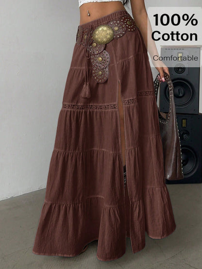 Siren Gaze Women's Brown Boho Summer Vacation Holiday Picnic Skirt,100% Cotton High-Slit Tiered Maxi Skirt With Elastic Waist & Lace Trim,Beach A-Line