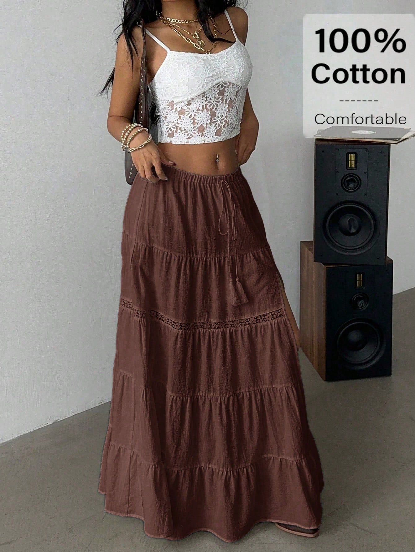 Siren Gaze Women's Brown Boho Summer Vacation Holiday Picnic Skirt,100% Cotton High-Slit Tiered Maxi Skirt With Elastic Waist & Lace Trim,Beach A-Line