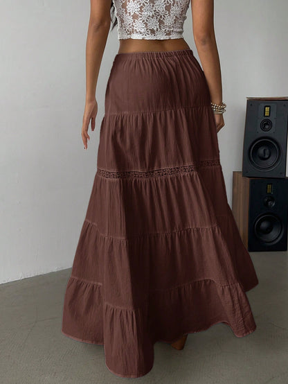 Siren Gaze Women's Brown Boho Summer Vacation Holiday Picnic Skirt,100% Cotton High-Slit Tiered Maxi Skirt With Elastic Waist & Lace Trim,Beach A-Line
