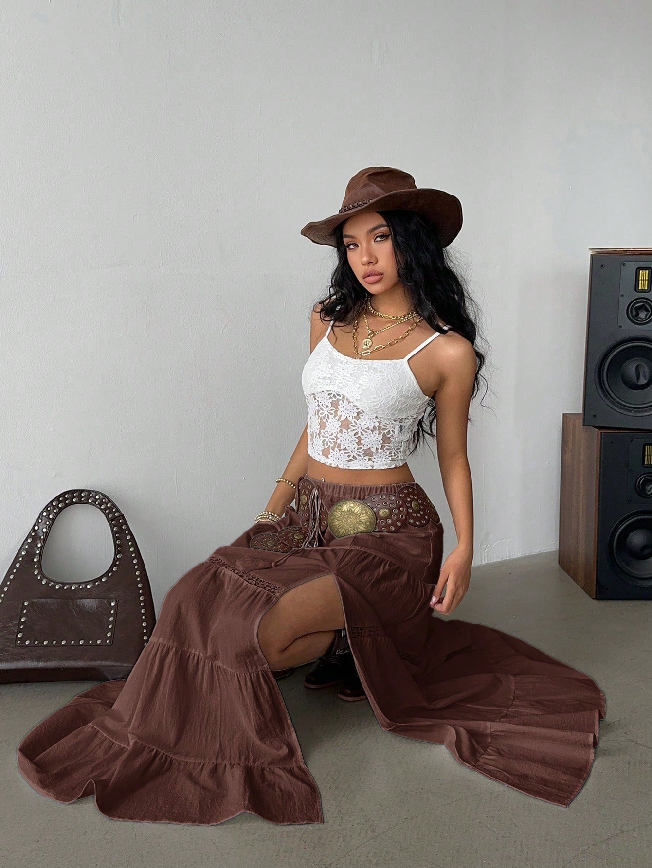 Siren Gaze Women's Brown Boho Summer Vacation Holiday Picnic Skirt,100% Cotton High-Slit Tiered Maxi Skirt With Elastic Waist & Lace Trim,Beach A-Line