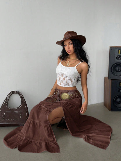 Siren Gaze Women's Brown Boho Summer Vacation Holiday Picnic Skirt,100% Cotton High-Slit Tiered Maxi Skirt With Elastic Waist & Lace Trim,Beach A-Line
