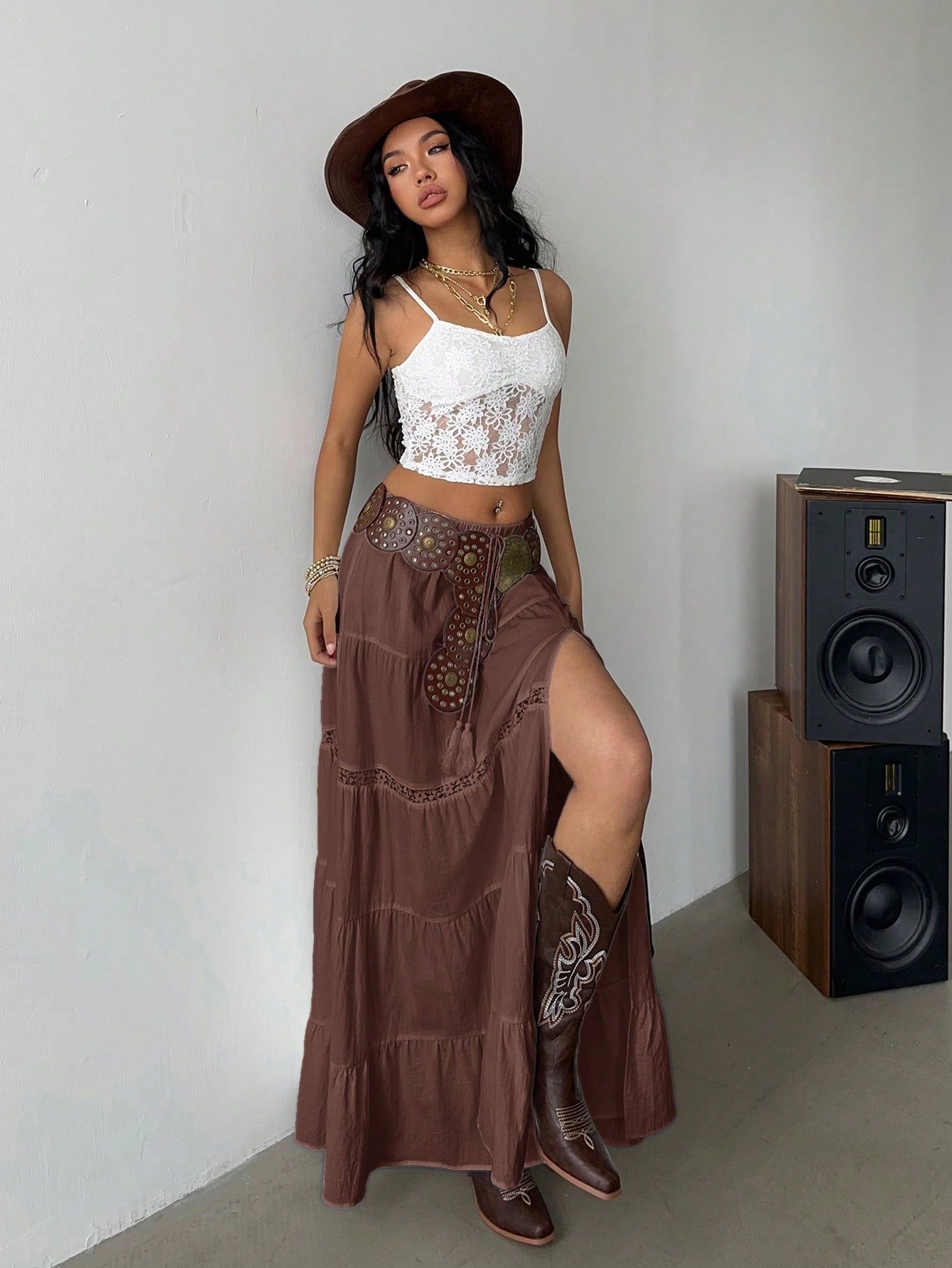 Siren Gaze Women's Brown Boho Summer Vacation Holiday Picnic Skirt,100% Cotton High-Slit Tiered Maxi Skirt With Elastic Waist & Lace Trim,Beach A-Line