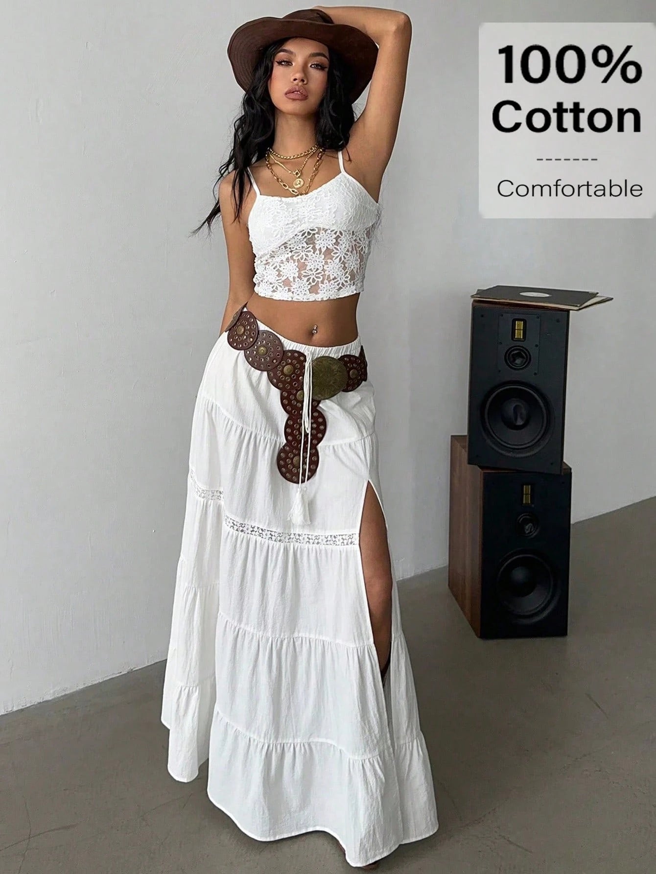 Siren Gaze Women's Brown Boho Summer Vacation Holiday Picnic Skirt,100% Cotton High-Slit Tiered Maxi Skirt With Elastic Waist & Lace Trim,Beach A-Line