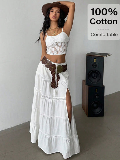 Siren Gaze Women's Brown Boho Summer Vacation Holiday Picnic Skirt,100% Cotton High-Slit Tiered Maxi Skirt With Elastic Waist & Lace Trim,Beach A-Line