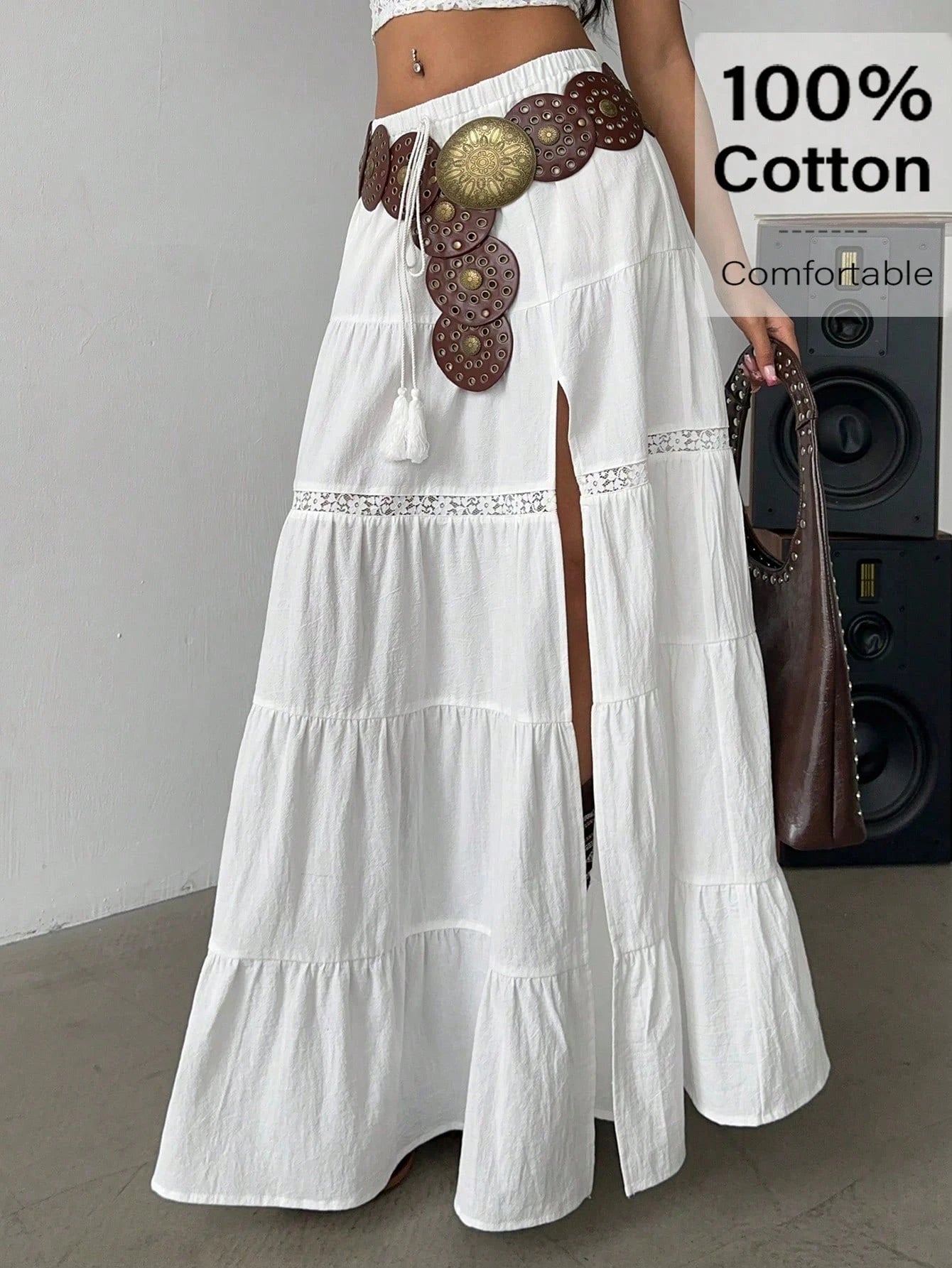 Siren Gaze Women's Brown Boho Summer Vacation Holiday Picnic Skirt,100% Cotton High-Slit Tiered Maxi Skirt With Elastic Waist & Lace Trim,Beach A-Line