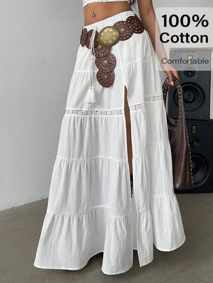 Siren Gaze Women's Brown Boho Summer Vacation Holiday Picnic Skirt,100% Cotton High-Slit Tiered Maxi Skirt With Elastic Waist & Lace Trim,Beach A-Line