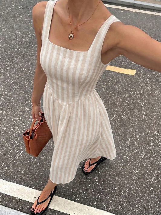 Siren Gaze Women's Mid-Length Dress, Casual Minimalist Vacation Bohemian Elegant Romantic Vintage Blue And White Striped, Commute Outfit, Music Festival Summer