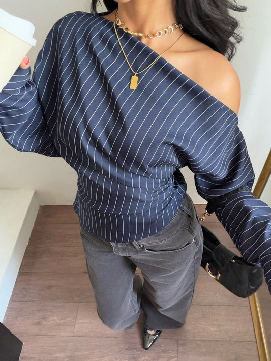 Siren Gaze Women's Navy Blue And White Striped One-Shoulder Shirt, Elegant Streetwear Office Night Out Autumn Top, Slim-Fitting Asymmetrical Cinched Waist