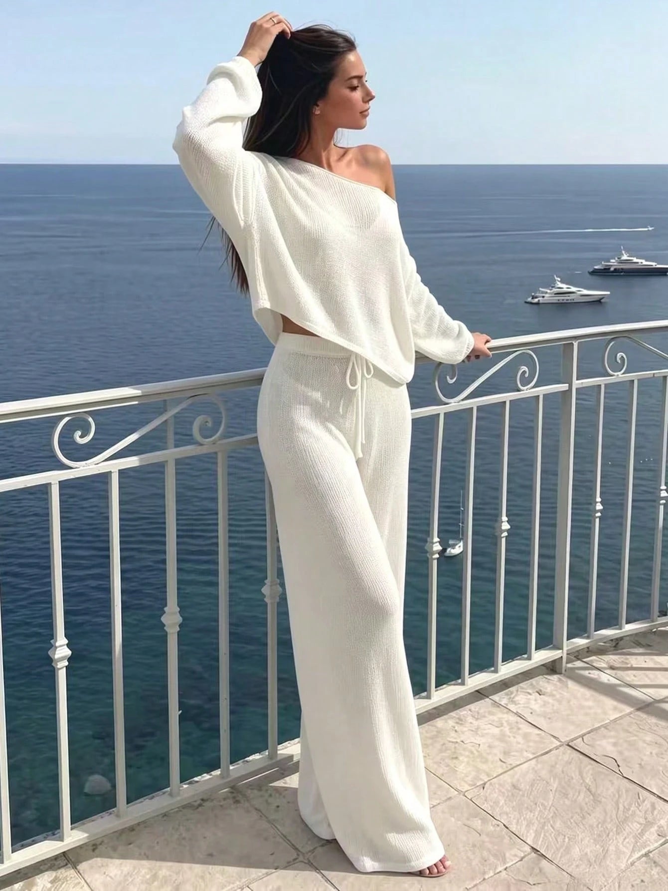 Sirith 2026 New Cross-Border White Asymmetric Neck Top & Long Pants Elegant Vacation Style Women's Swimwear 2 Pieces Set