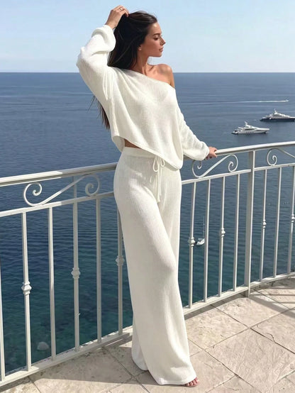 Sirith 2026 New Cross-Border White Asymmetric Neck Top & Long Pants Elegant Vacation Style Women's Swimwear 2 Pieces Set
