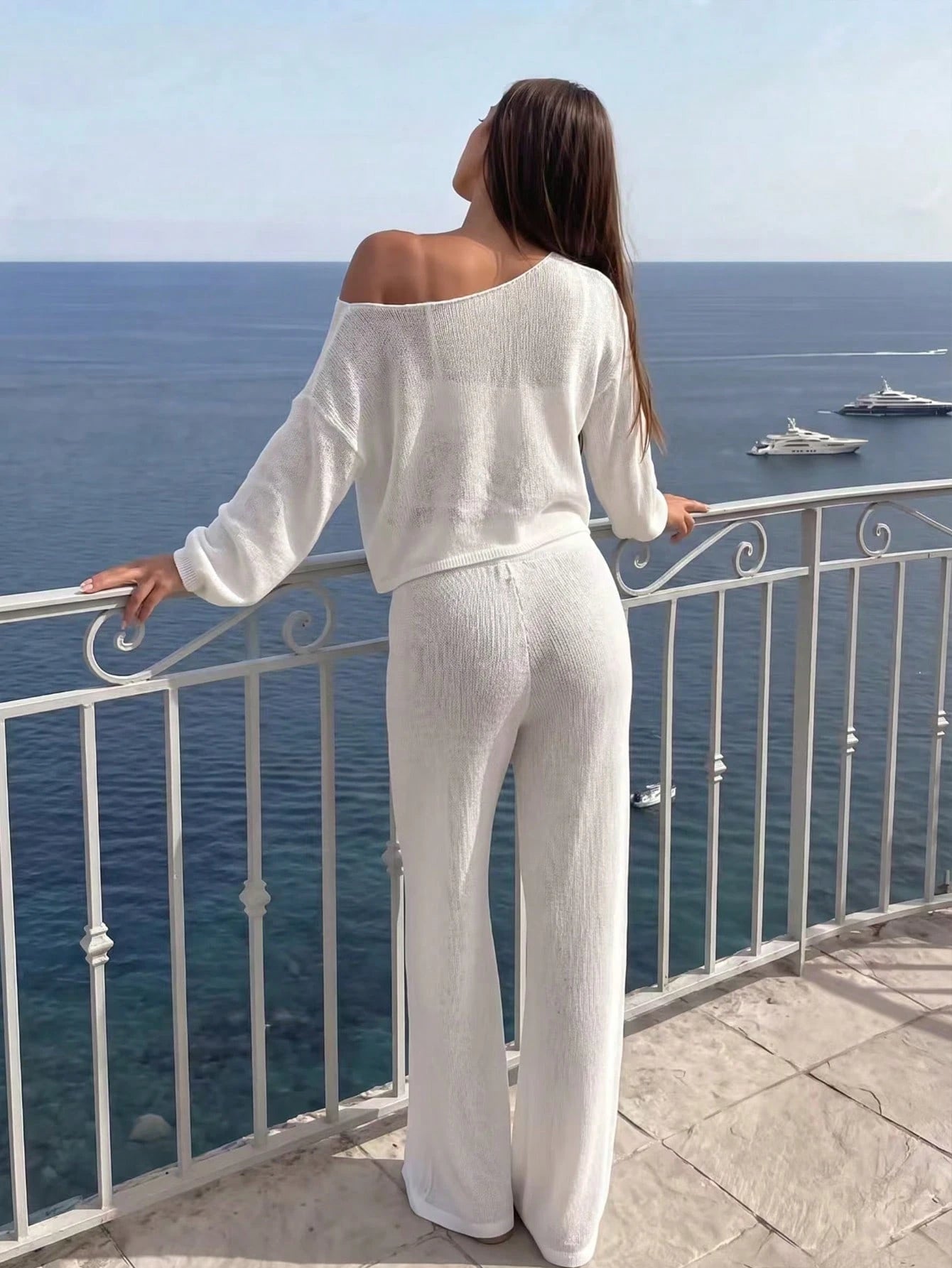 Sirith 2026 New Cross-Border White Asymmetric Neck Top & Long Pants Elegant Vacation Style Women's Swimwear 2 Pieces Set
